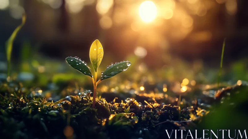 Dew-covered seedling at sunrise in tranquil, natural setting.