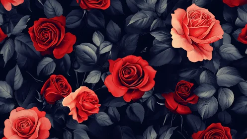 Red Roses Against Dark Foliage. Floral Composition