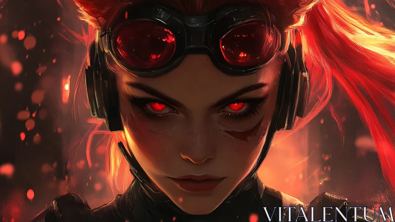 Intense cyber warrior portrait with glowing red eyes.