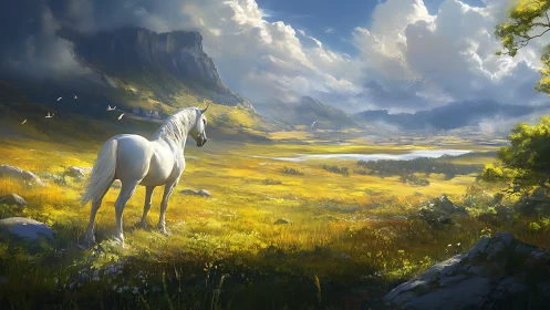 White horse surveys luminous alpine valley in digital painting