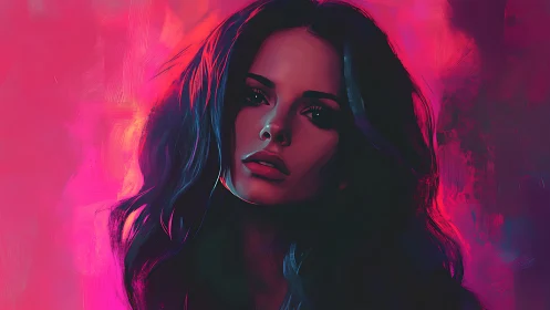 Moody digital portrait of woman in pink neon light.