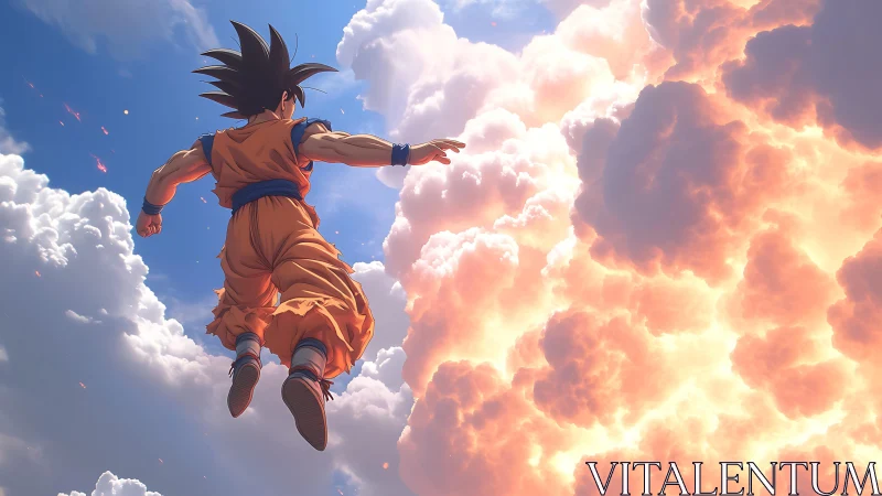 Aerodynamic anime warrior ascending through irradiated cumulonimbus.