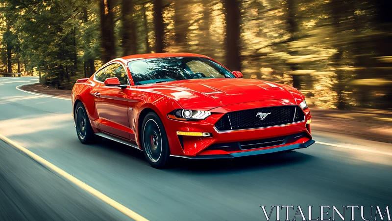Red sports coupe moves along forest road with motion blur