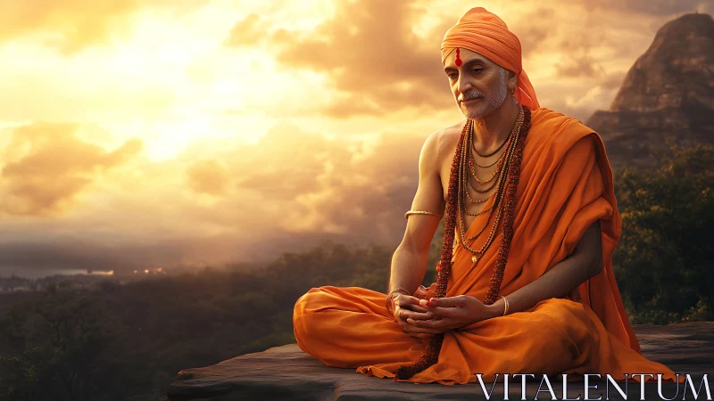 Hindu monk in orange robes meditating on rocky plateau at dawn.