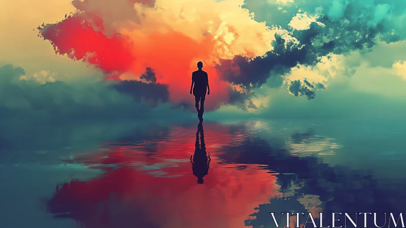 Silhouette on reflective water beneath multicolored clouds.