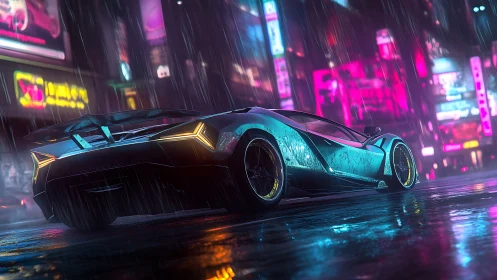 Futuristic supercar in neon city street under rain at night.