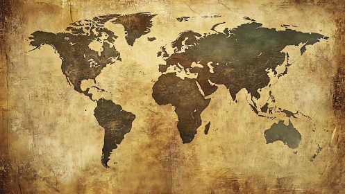 World map silhouettes overlay textured aged parchment background