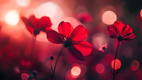 Red Cosmos Flowers Backlit by Warm Bokeh Light.