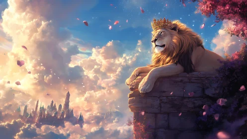 Majestic crowned lion rests above a dreamy sky kingdom