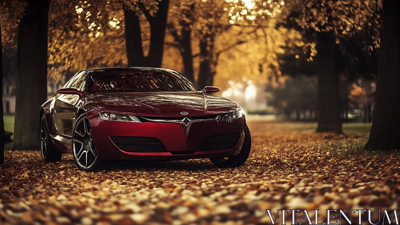 Crimson concept coupe glides through a golden autumn dream.