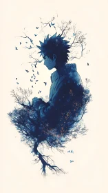 Quiet anime dreamer wrapped in a starlit forest of blue.