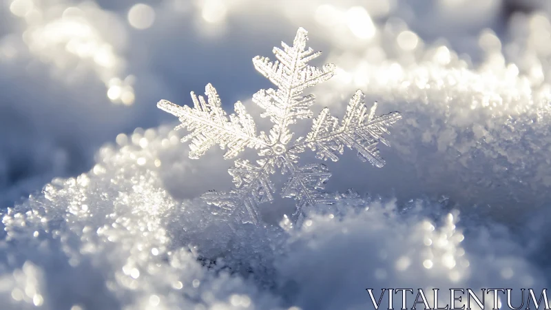 Lone crystal snowflake crowns a sunlit winter pillow.