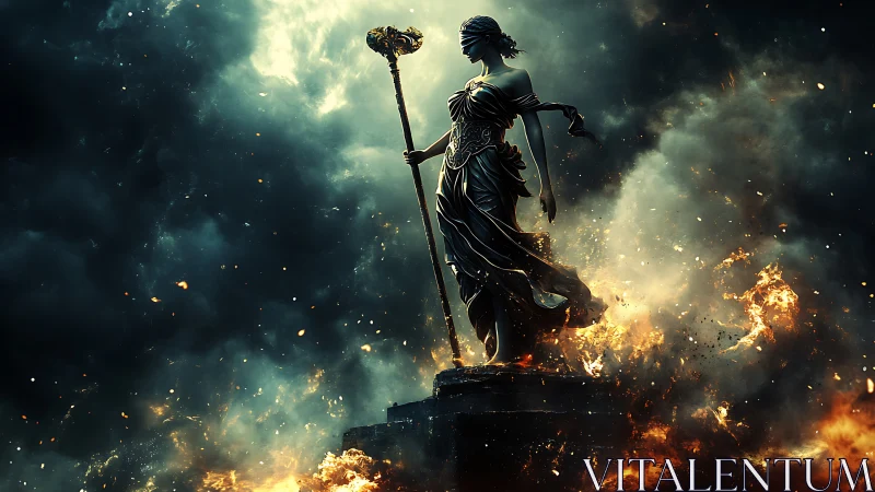Blindfolded warrior statue stands amid fire and storm clouds