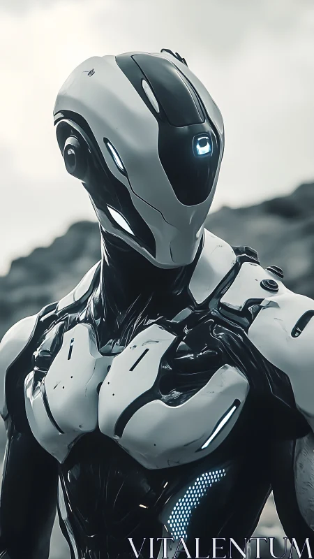 Cybernetic android portrait in sleek biomechanical chassis design.