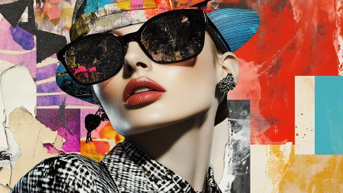 Stylish woman in sunglasses contrasts bold urban collage