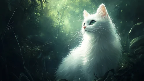 Luminous White Cat in Verdant Forest Glade.