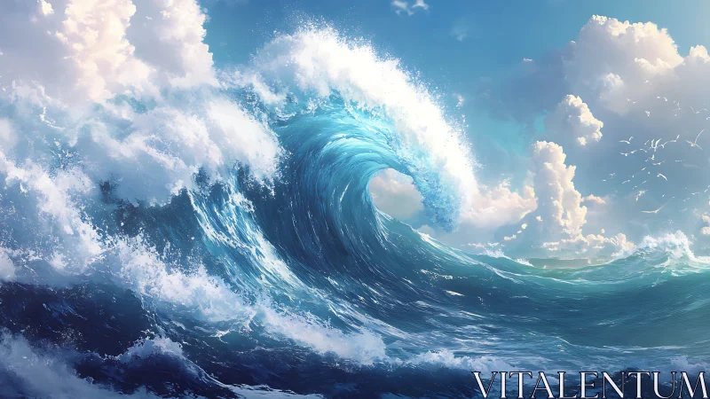 Large breaking ocean wave under bright cumulus clouds.