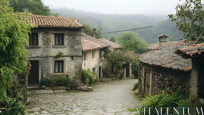 Stone village street with rustic houses in misty landscape.