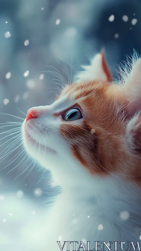 Ginger Cat Gazes Upward Into Snowy Winter Sky.