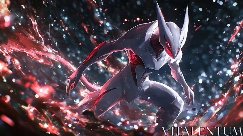 Futuristic alien warrior surges through crimson energy vortex.