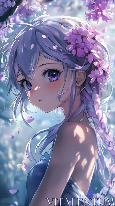 Silver-haired anime girl under glowing cherry blossoms.