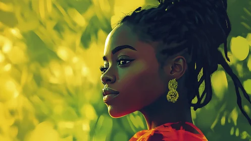 Sunlit muse in gold-green bokeh dreaming outward.