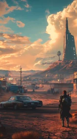 Desert settlement with futuristic tower and lone figure.