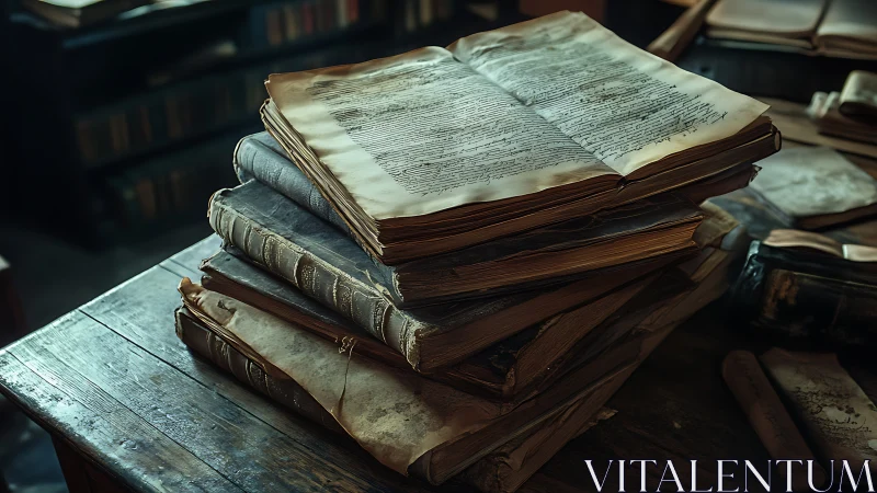 Ancient handwritten manuscripts rest on a worn wooden table.