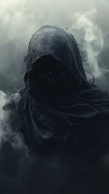 Shrouded hooded figure waits in swirling mist and quiet shadow