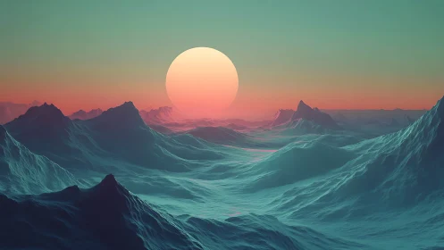 Surreal teal mountains glow beneath a vast neon sun.