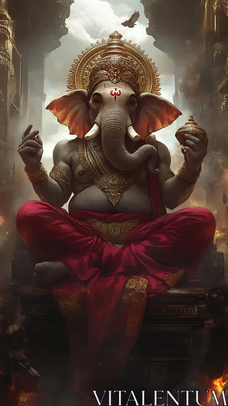 Majestic elephant-headed deity levitates above burning temple