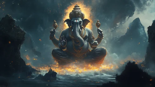Volumetric-lit Ganesh deity rendered in cinematic digital painting