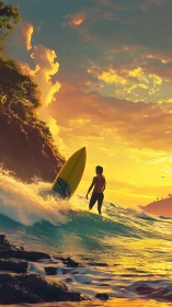 Sunlit surfer silhouette amid turquoise breaking waves at dusk.