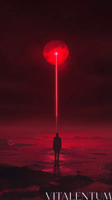 Solitary figure studies scarlet moon pierced by vertical beam