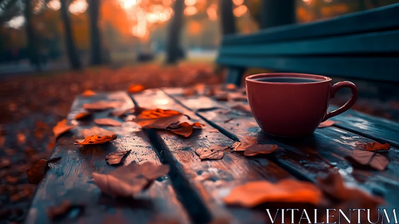 Warm red coffee cup on wet autumn park bench at dawn.