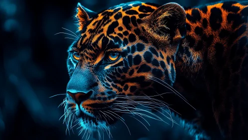 Neon Leopard's Amber Gaze in Darkness.