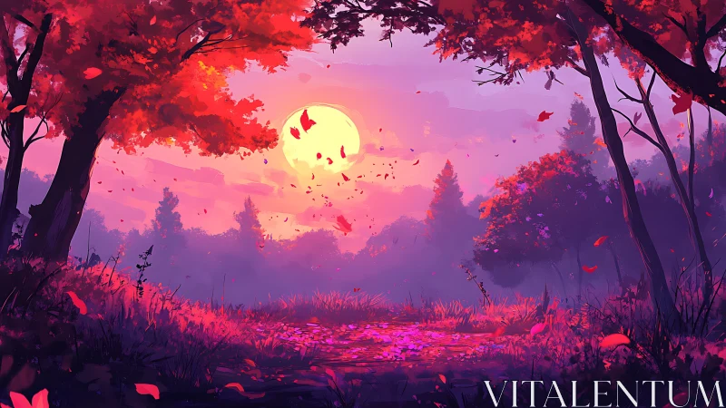 Crimson dusk grove under a spellbound rising moon glow.