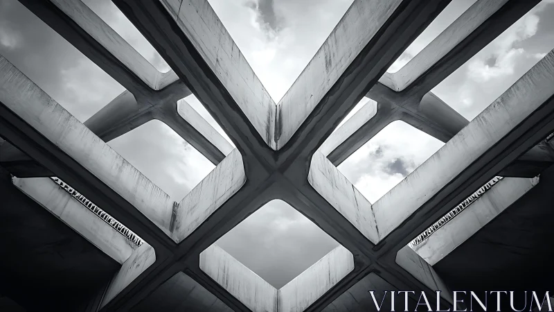 Monochrome reinforced concrete grid ceiling with sky apertures