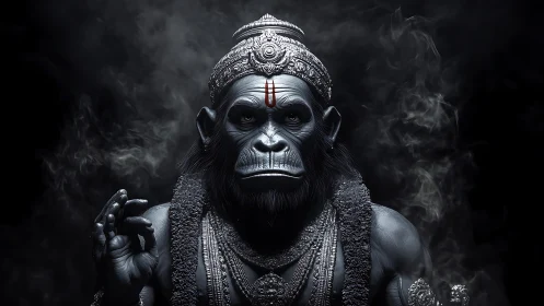 Monochrome simian deity portrait in high-detail 3D rendering.