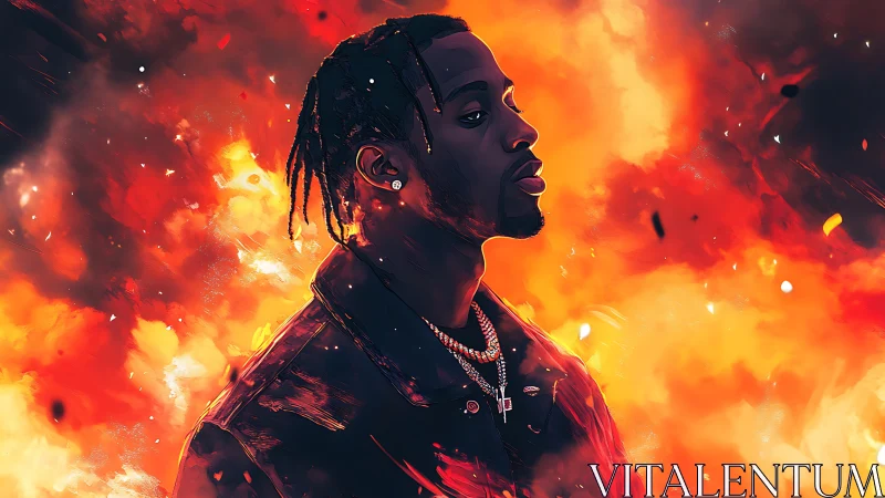 Profile portrait in incendiary chromatic turbulence field.