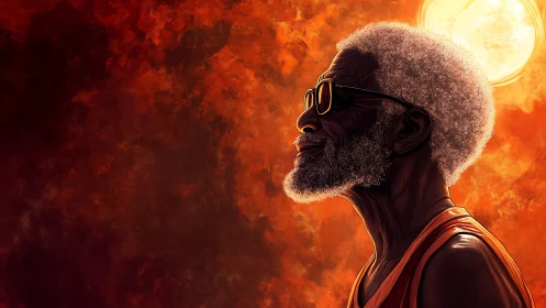 Profile view of older man against textured orange sky