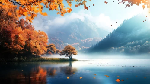 Autumn lake panorama with misty mountains and golden foliage.