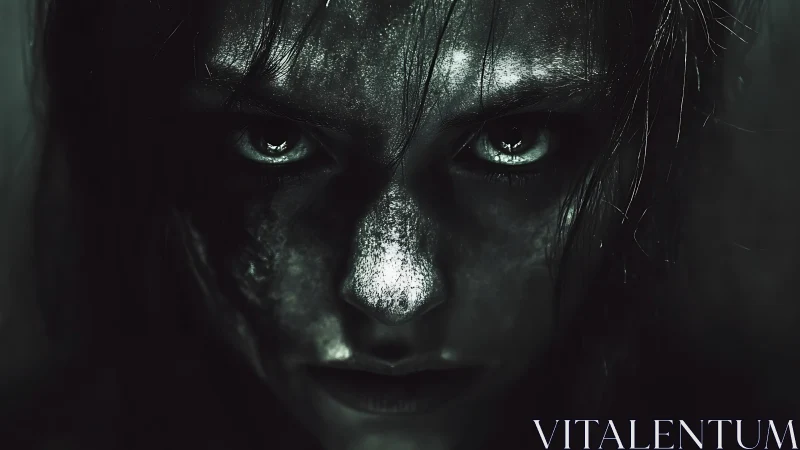 High-contrast horror portrait with chiaroscuro facial texture.