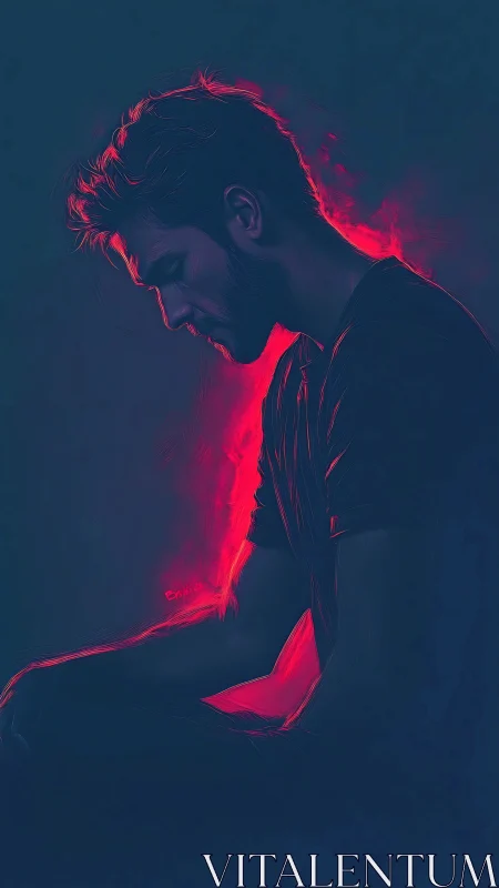 Neon-lit male silhouette bends in quiet, introspective profile.