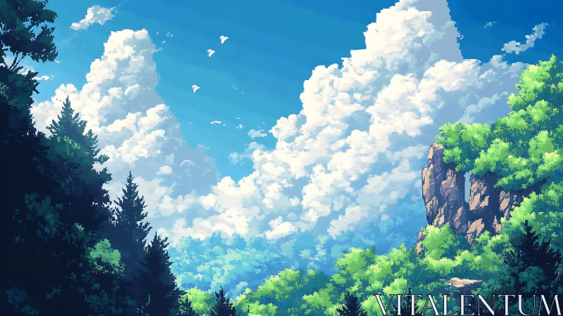 Towering summer clouds roll above a sunlit forest valley