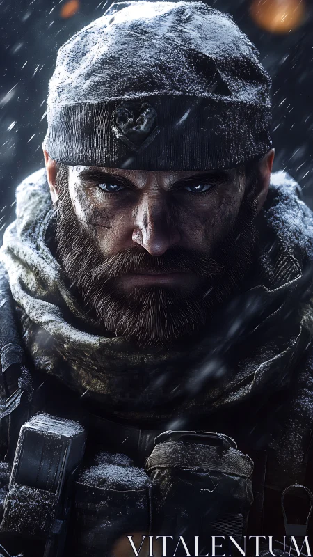 Battle-hardened winter soldier under harsh snowfall.