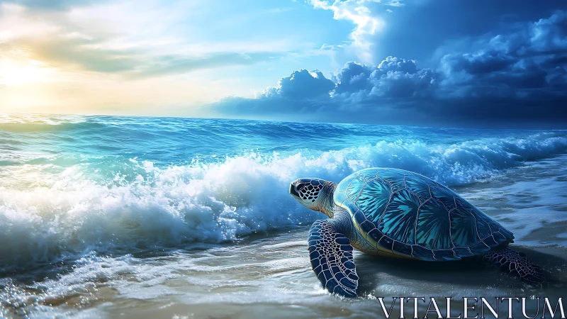 Sea turtle moves toward bright surf under dramatic sky