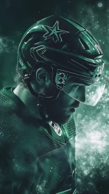 Side-lit hockey portrait isolates athlete in emerald vapor glow