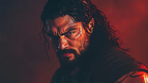 Battle-hardened warrior glares through smoky red light.