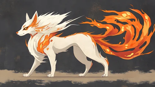 Mythic fox spirit strides forward with blazing flame tails